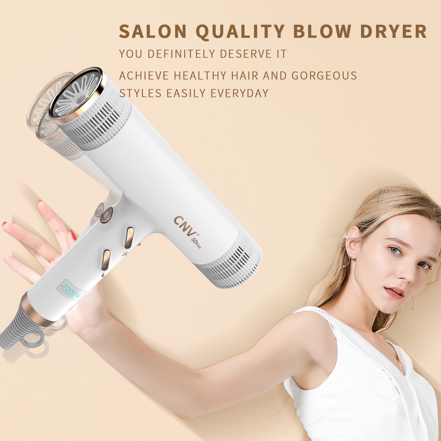 White CNV 2 in 1 Healthy Ionic Hair Dryer Professional Ceramic And Lonic Blow